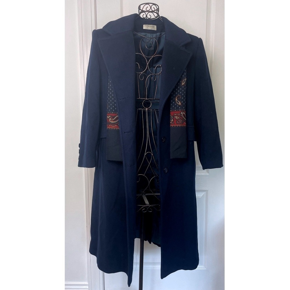 Vintage Forecaster of Boston Navy Wool Overcoat Long Trench Coat Womens Sz 13/14